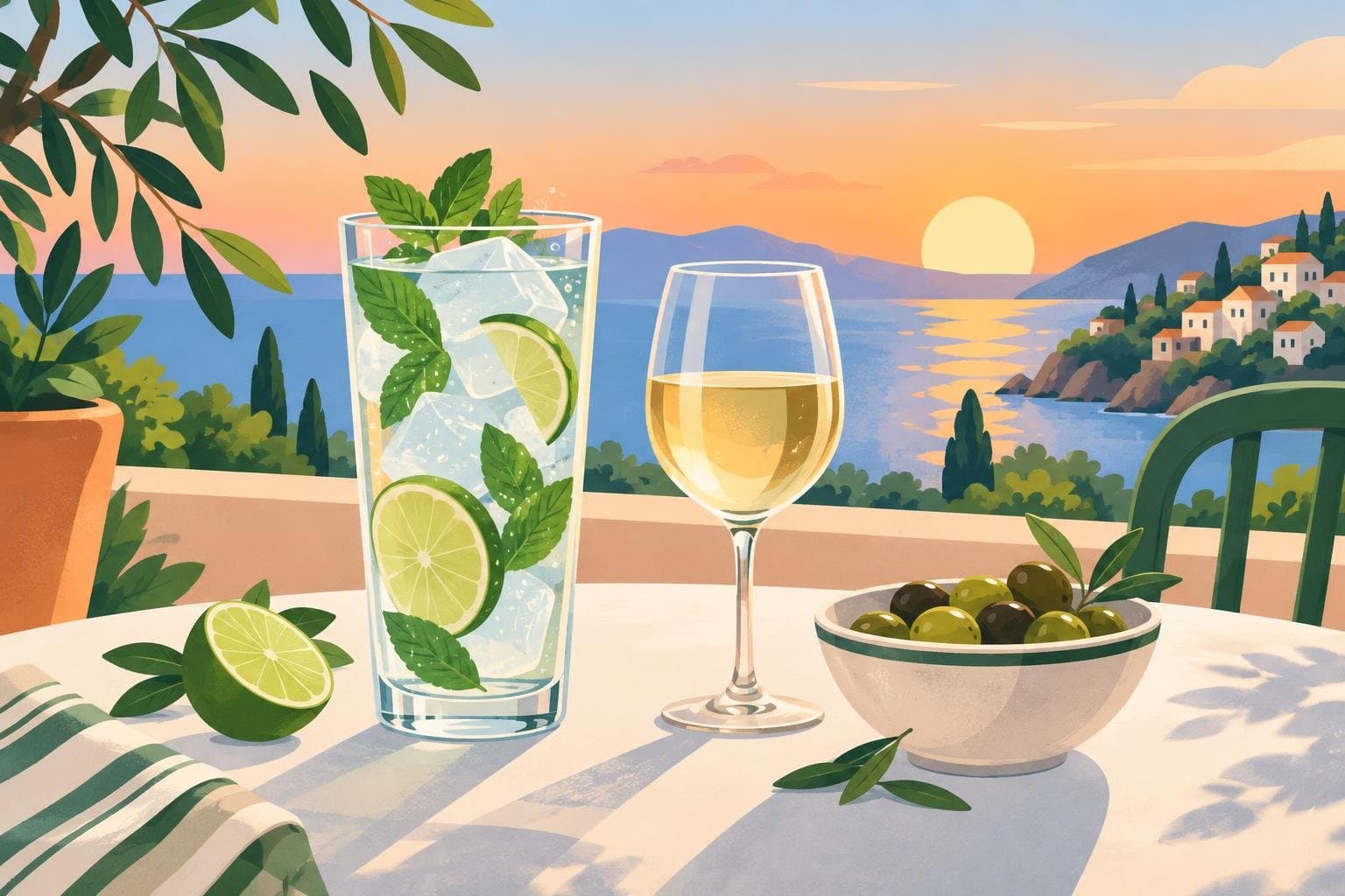 A glass of sparkling water with lime next to a small glass of wine