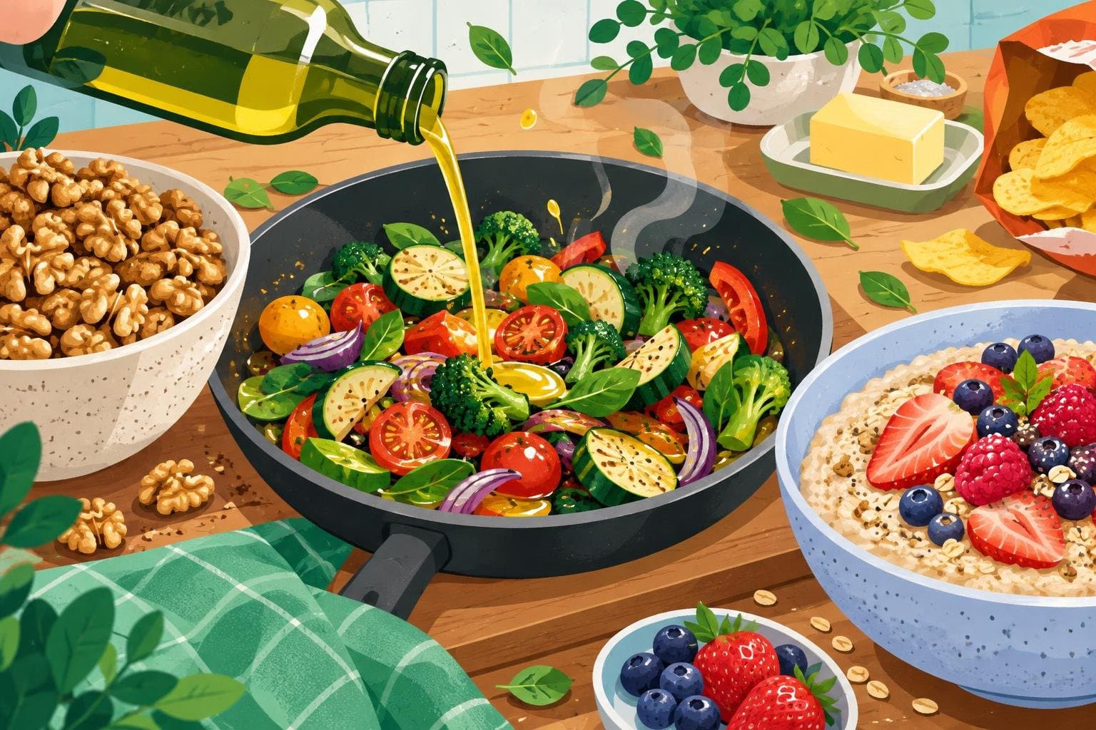 Swaps: olive oil instead of butter, nuts instead of crisps, berries on breakfast