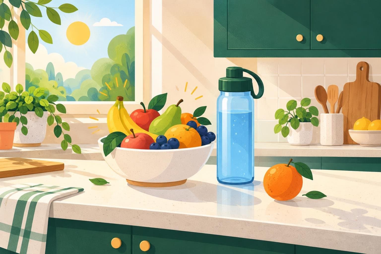 A kitchen counter with a fruit bowl in front and snacks tucked away