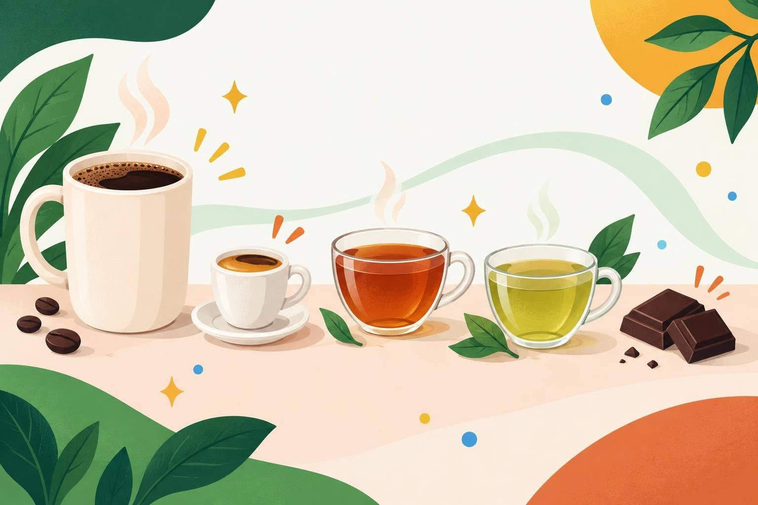 Coffee, espresso, tea, green tea and dark chocolate side by side