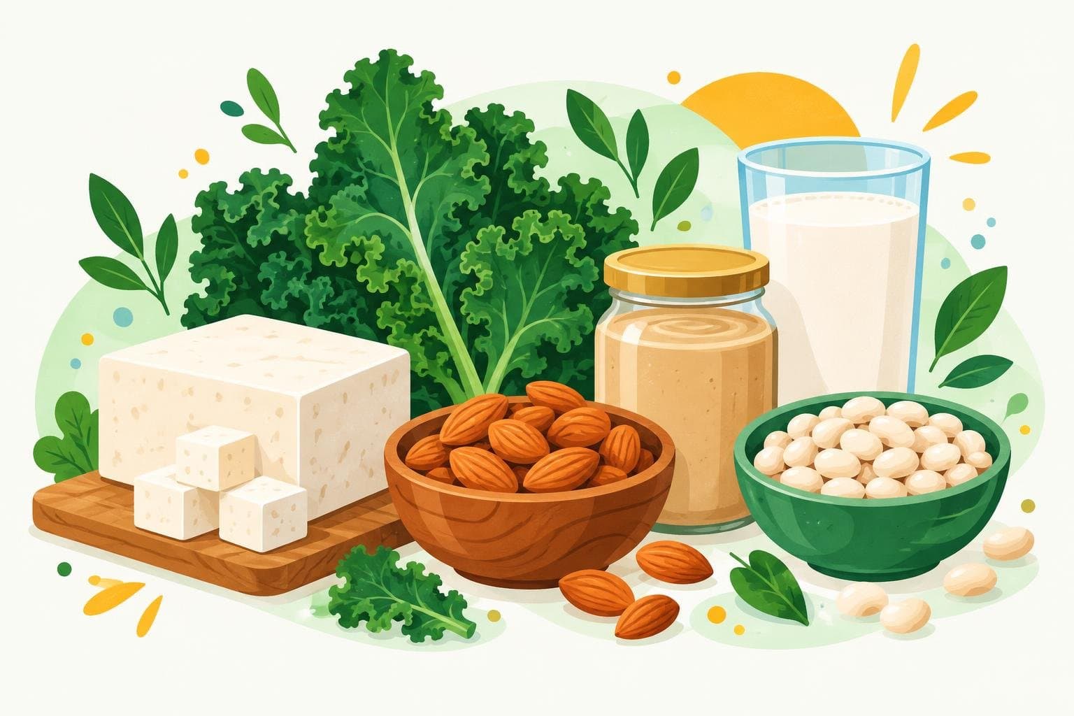 Plant sources of calcium: tofu, kale, almonds, tahini and white beans