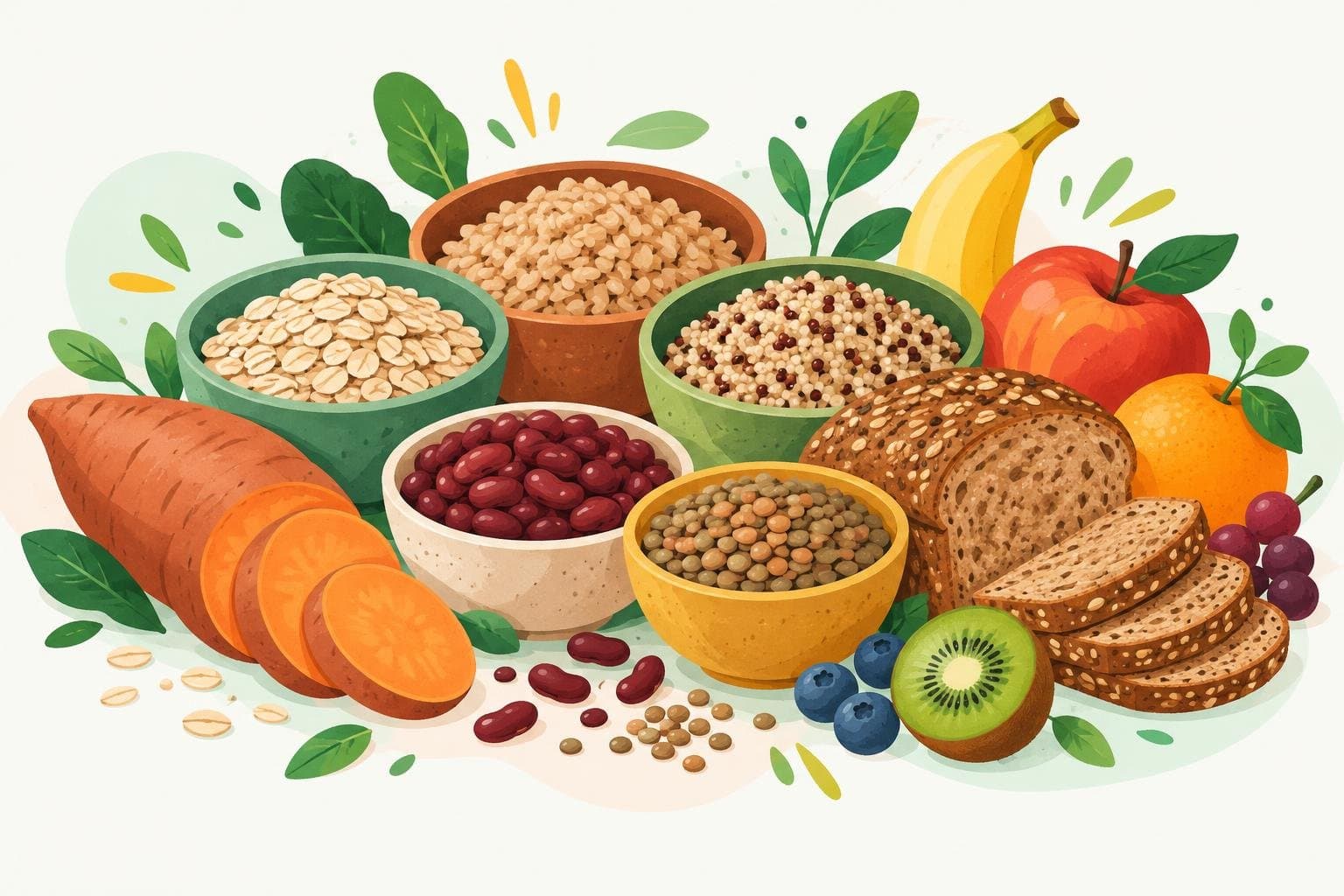 Whole grains, beans, sweet potatoes and fruit