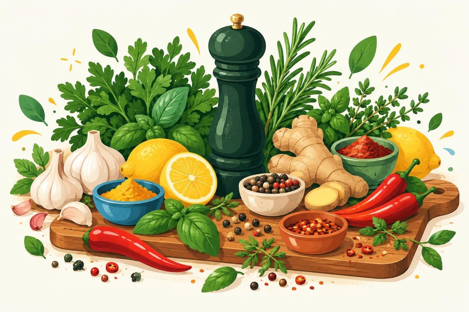 Herbs, garlic, lemon, chilli and spices used instead of salt