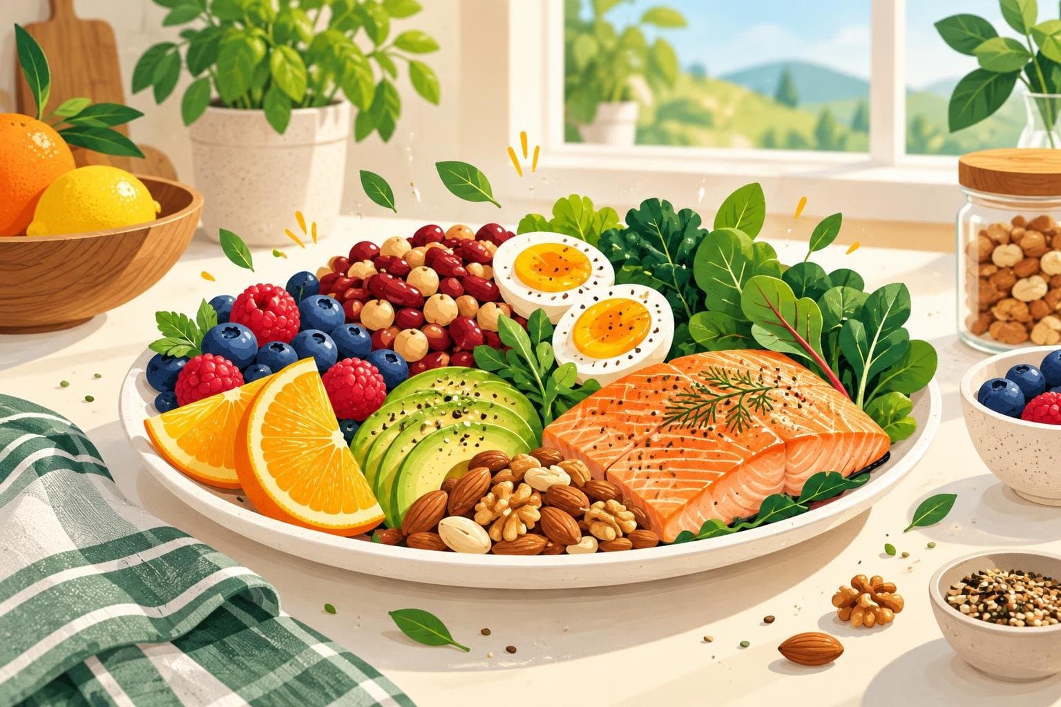 A plate of whole foods rich in vitamins and minerals