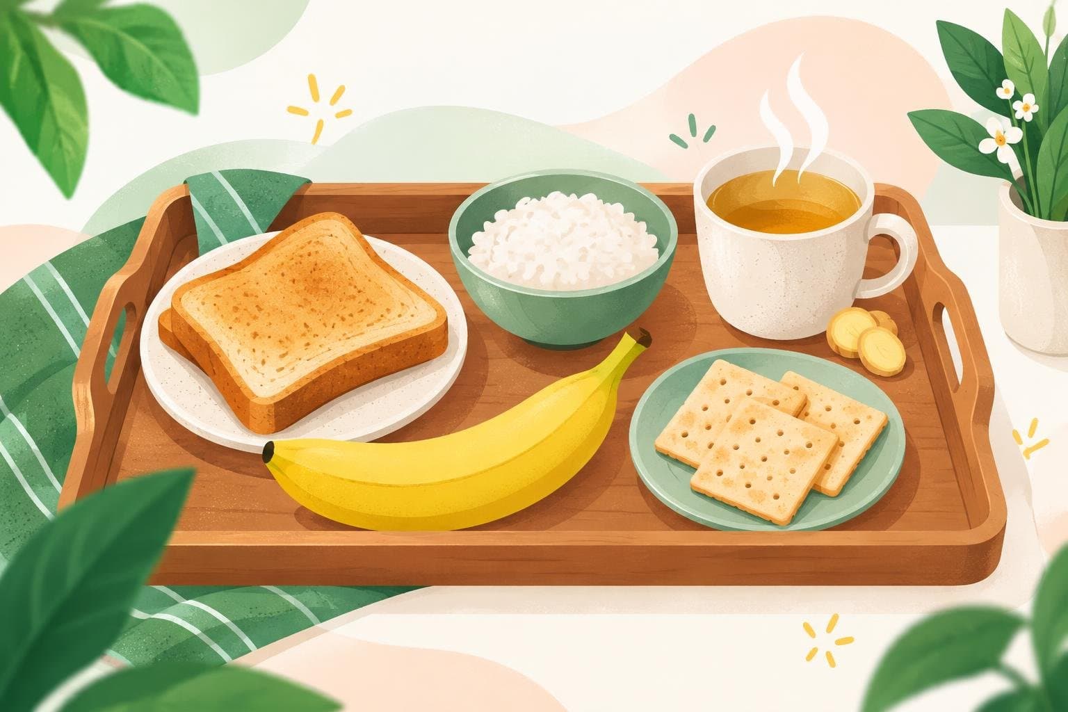 Gentle foods: toast, rice, bananas, crackers and ginger tea