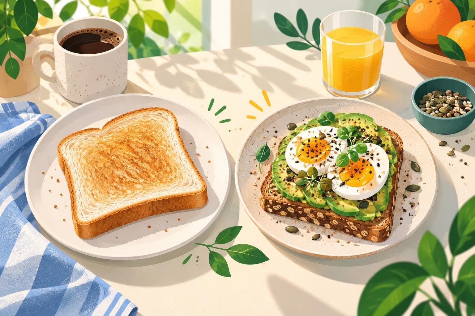 Toast with eggs and avocado alongside plain white toast