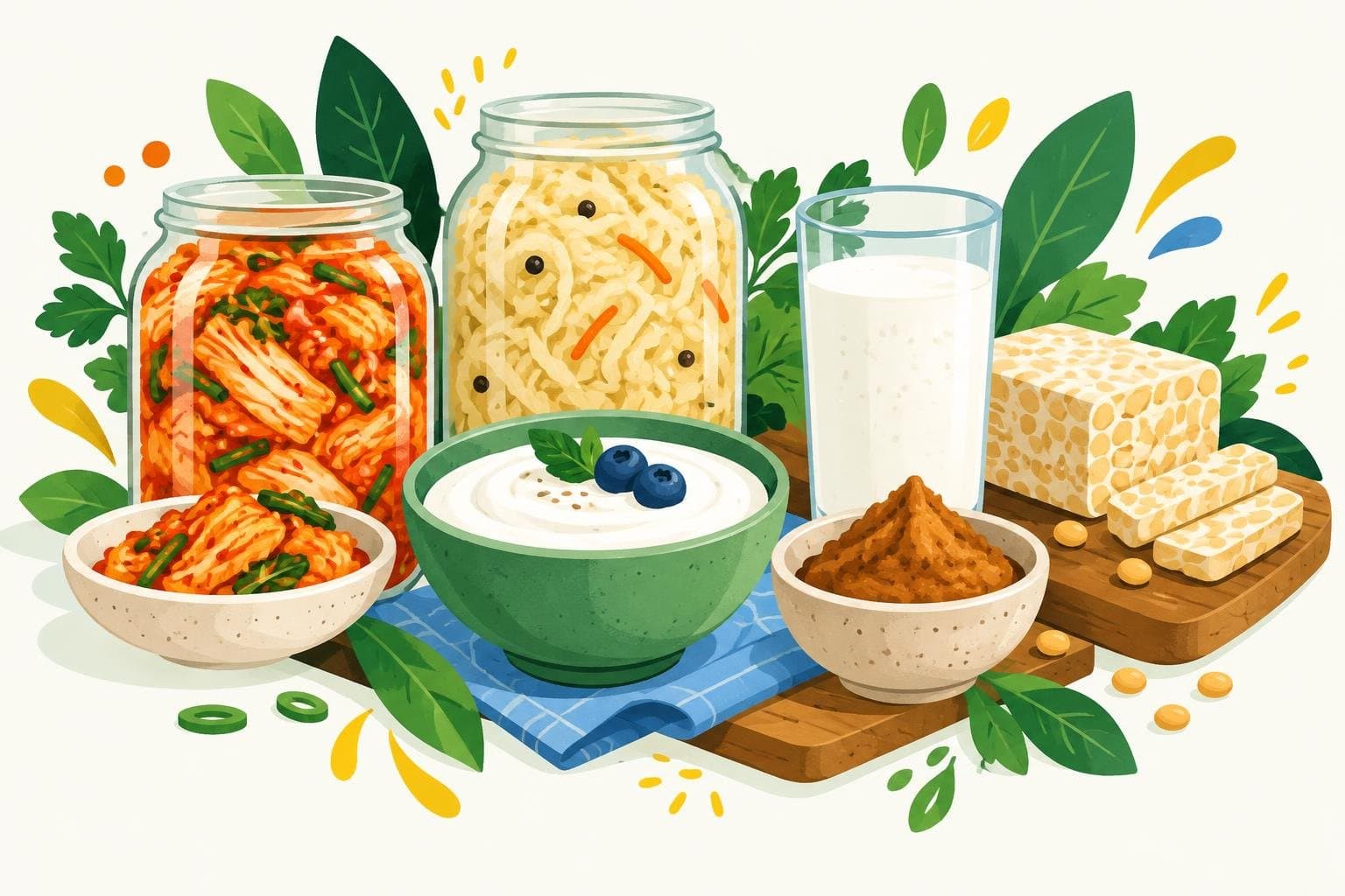 Fermented foods: kimchi, sauerkraut, kefir, yoghurt and miso