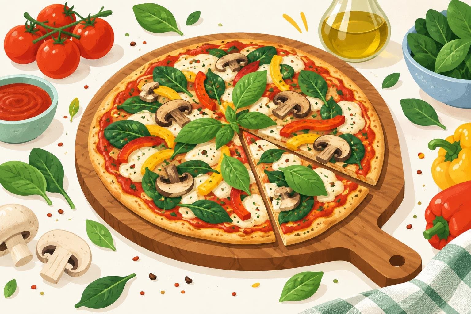 A homemade flatbread pizza loaded with vegetables