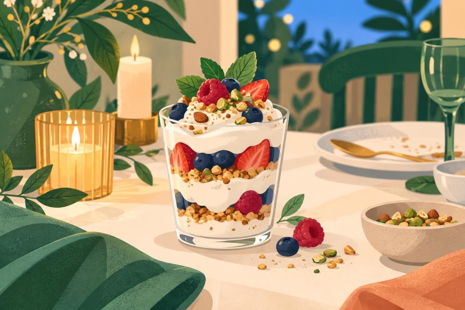 A small bowl of yoghurt with berries after dinner
