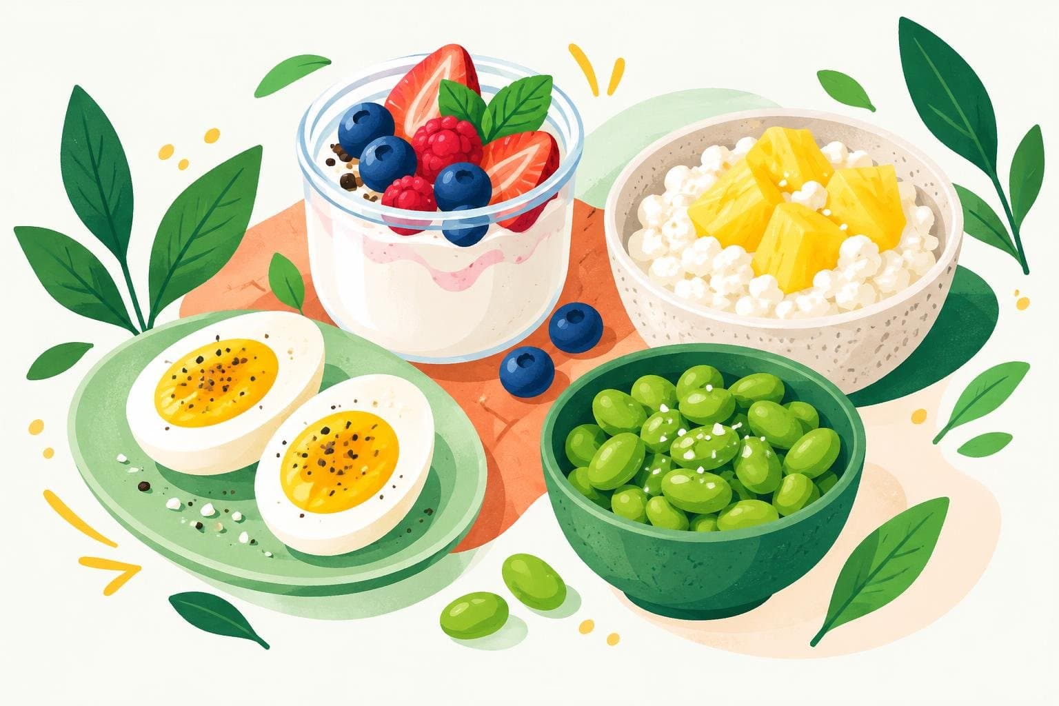 Protein snacks: boiled eggs, yoghurt, cottage cheese and edamame