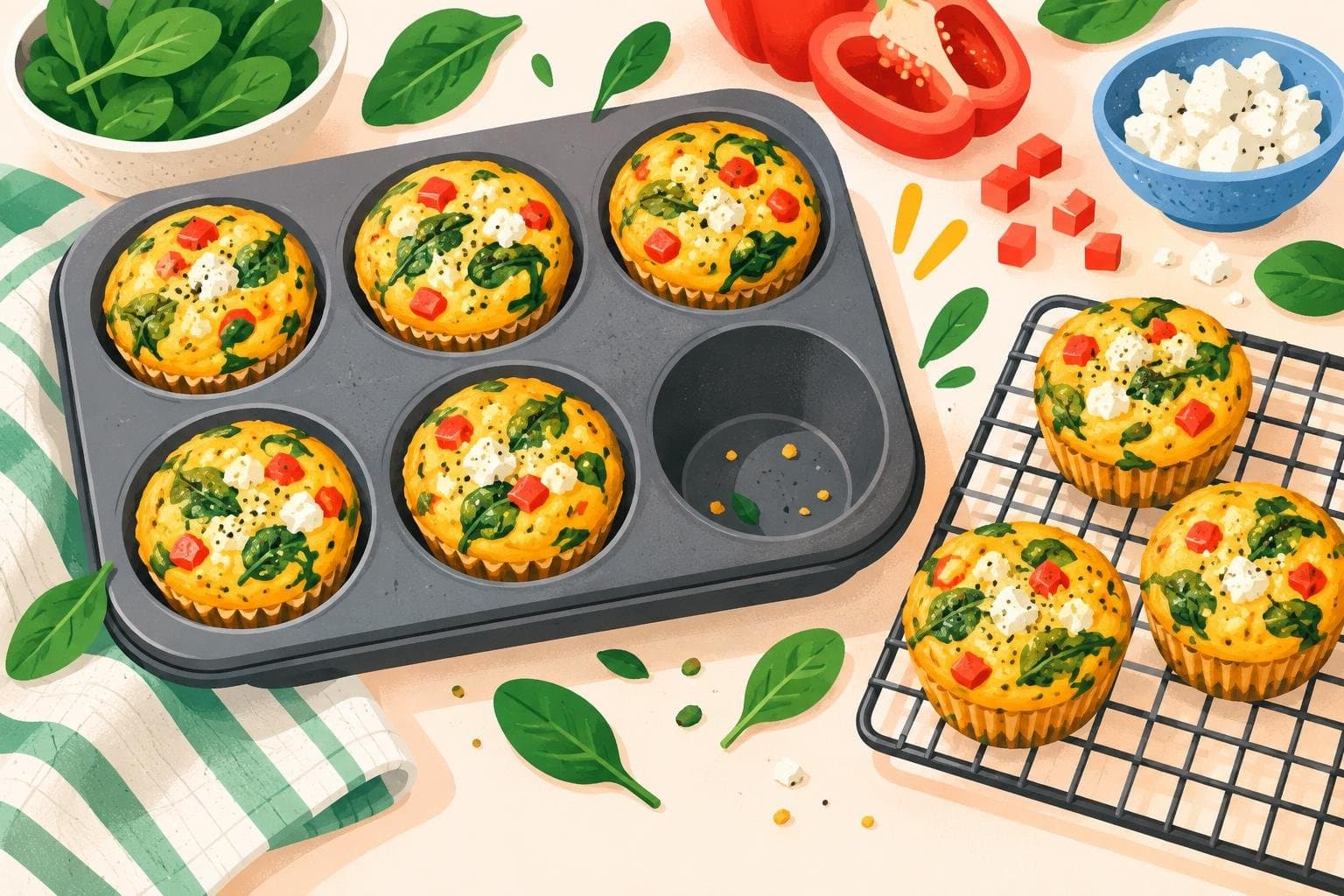 A muffin tin of baked egg muffins with spinach and peppers