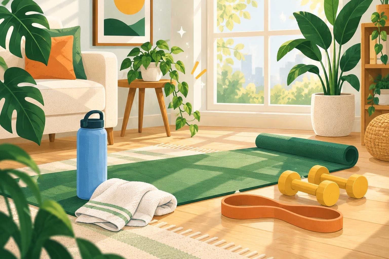 A home workout corner with a mat, resistance band and water bottle
