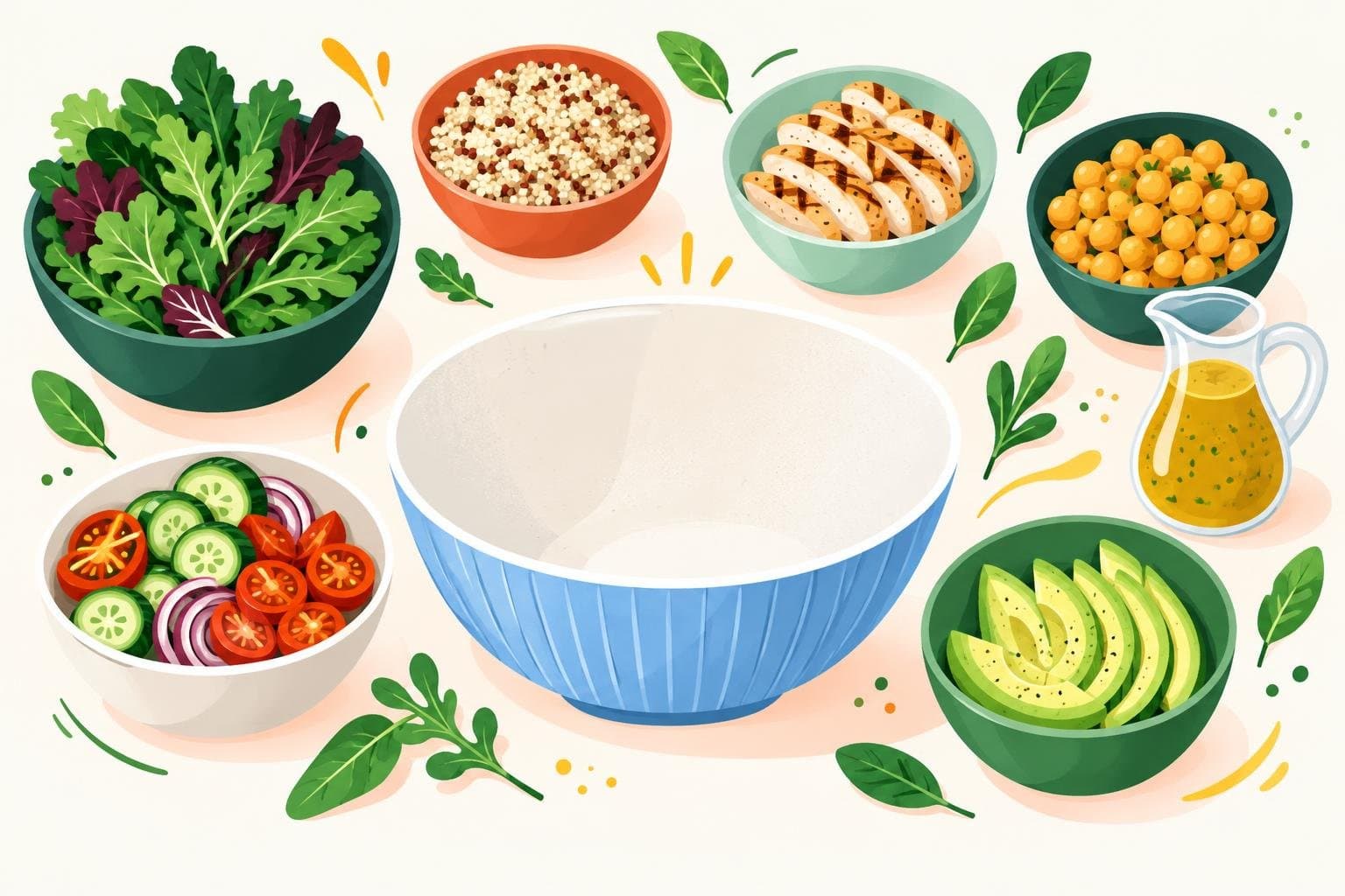 Salad components: greens, grains, protein, crunch, fat and dressing