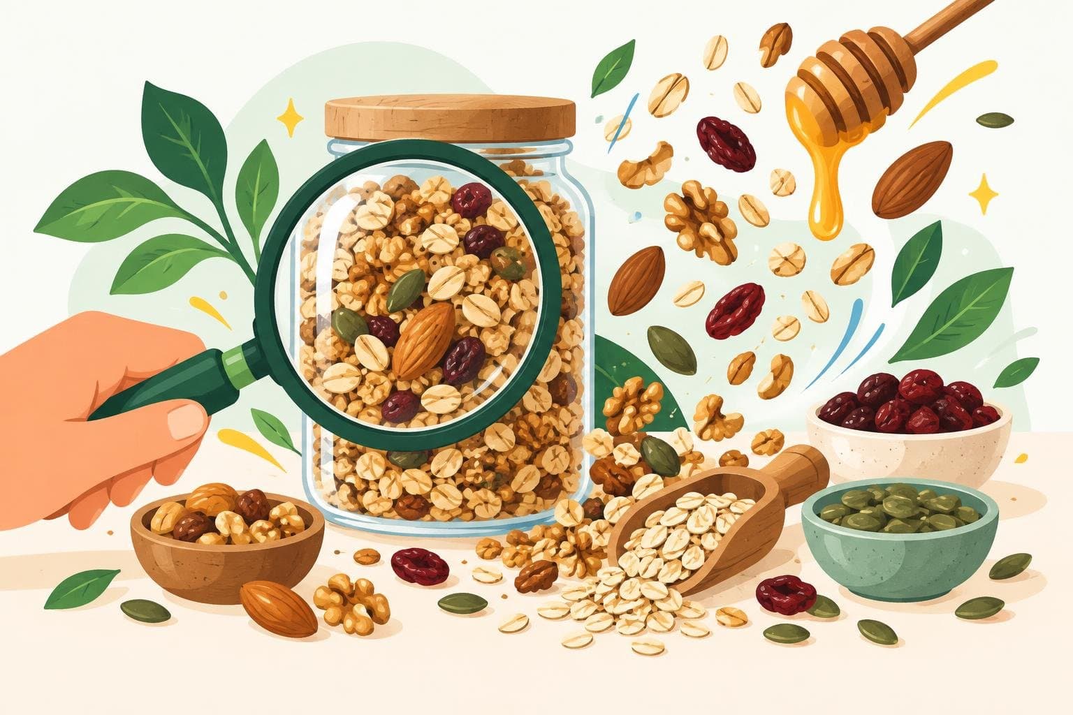 A magnifying glass over a jar with whole ingredients spilling out