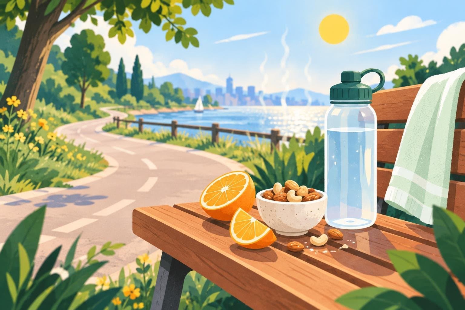 A sweaty run in the heat with a sports bottle and orange slices