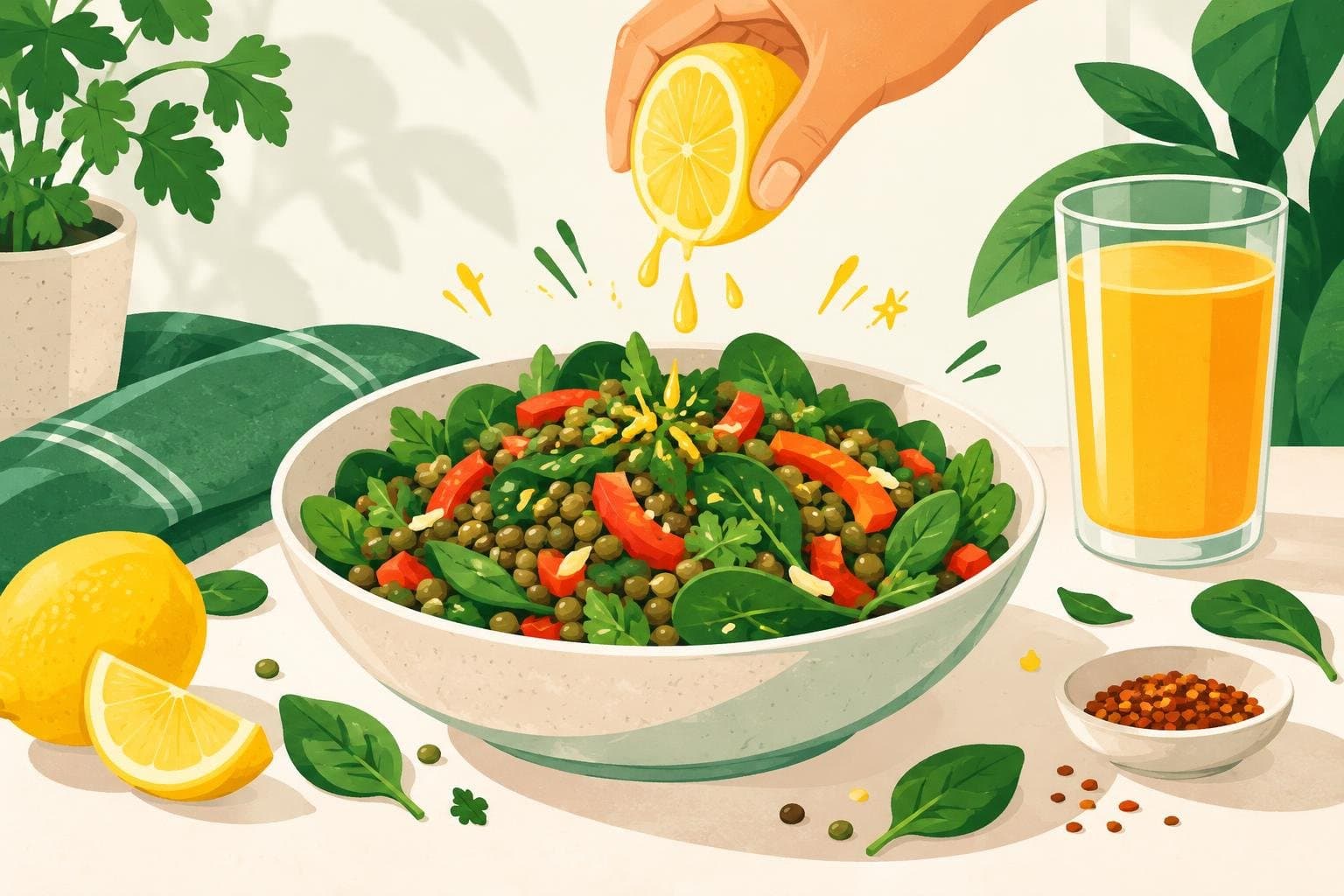 Lentil salad with lemon and peppers to boost iron absorption