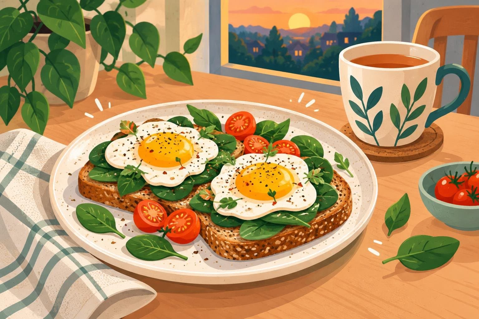Eggs on toast with spinach and tomatoes