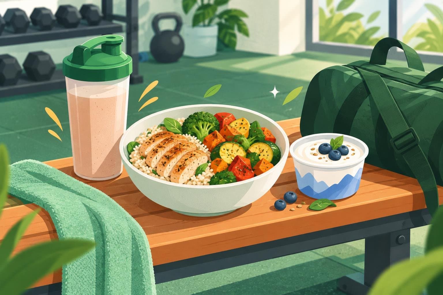 A chicken, rice and vegetable bowl with a protein shake