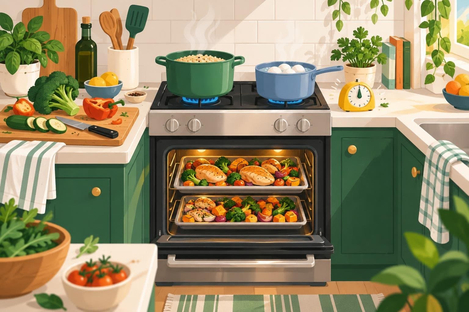 Sheet pans and a pot cooking at the same time
