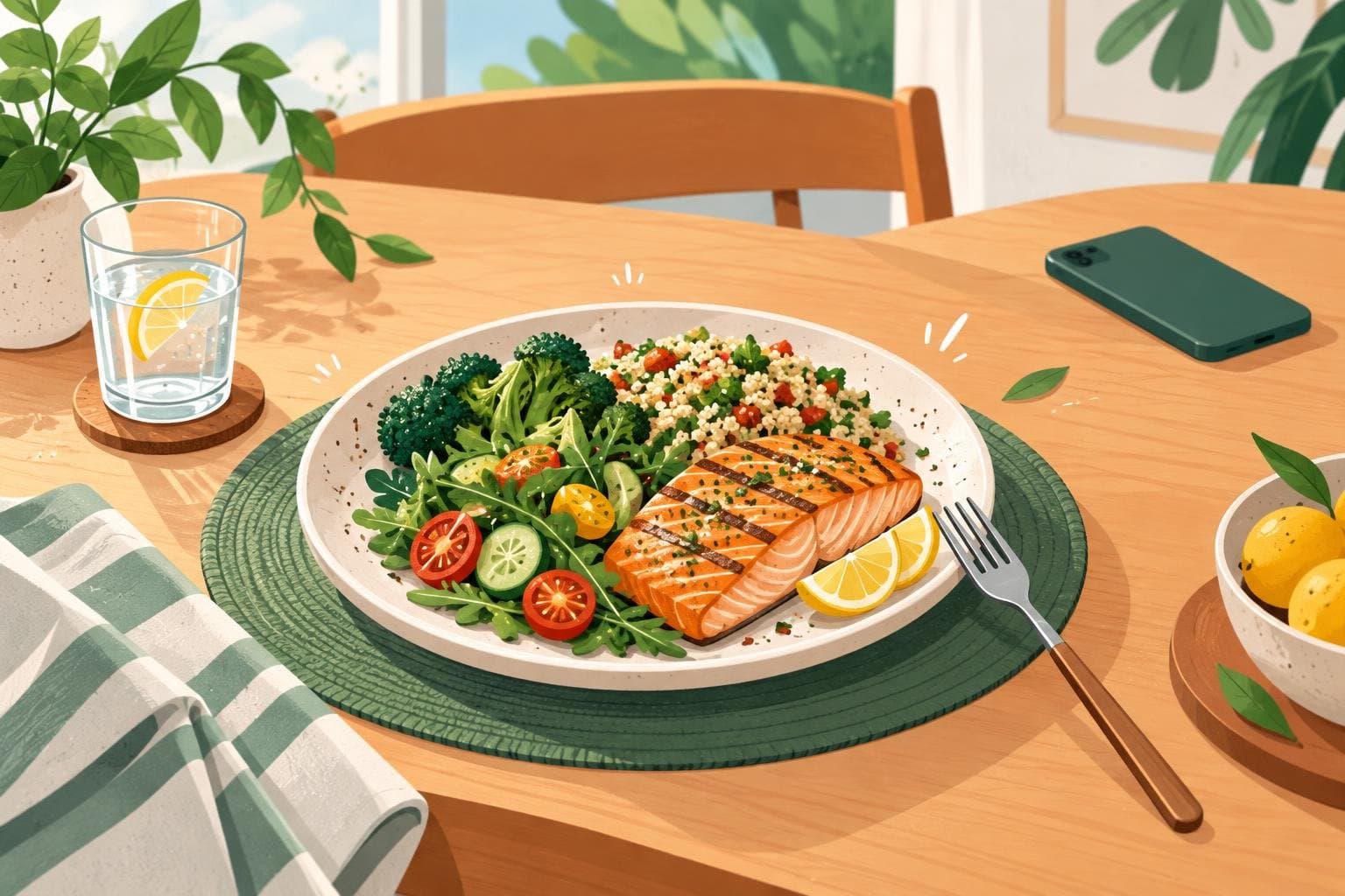 A meal on a table without screens, a fork resting on the plate