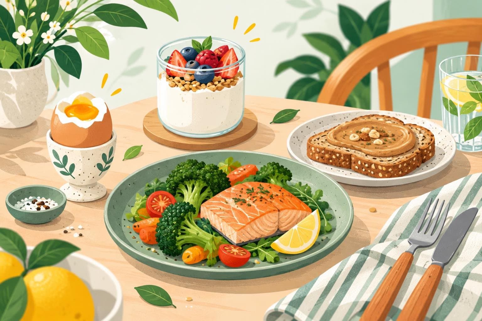 Small nutritious meals: eggs, yoghurt, fish and nut butter toast