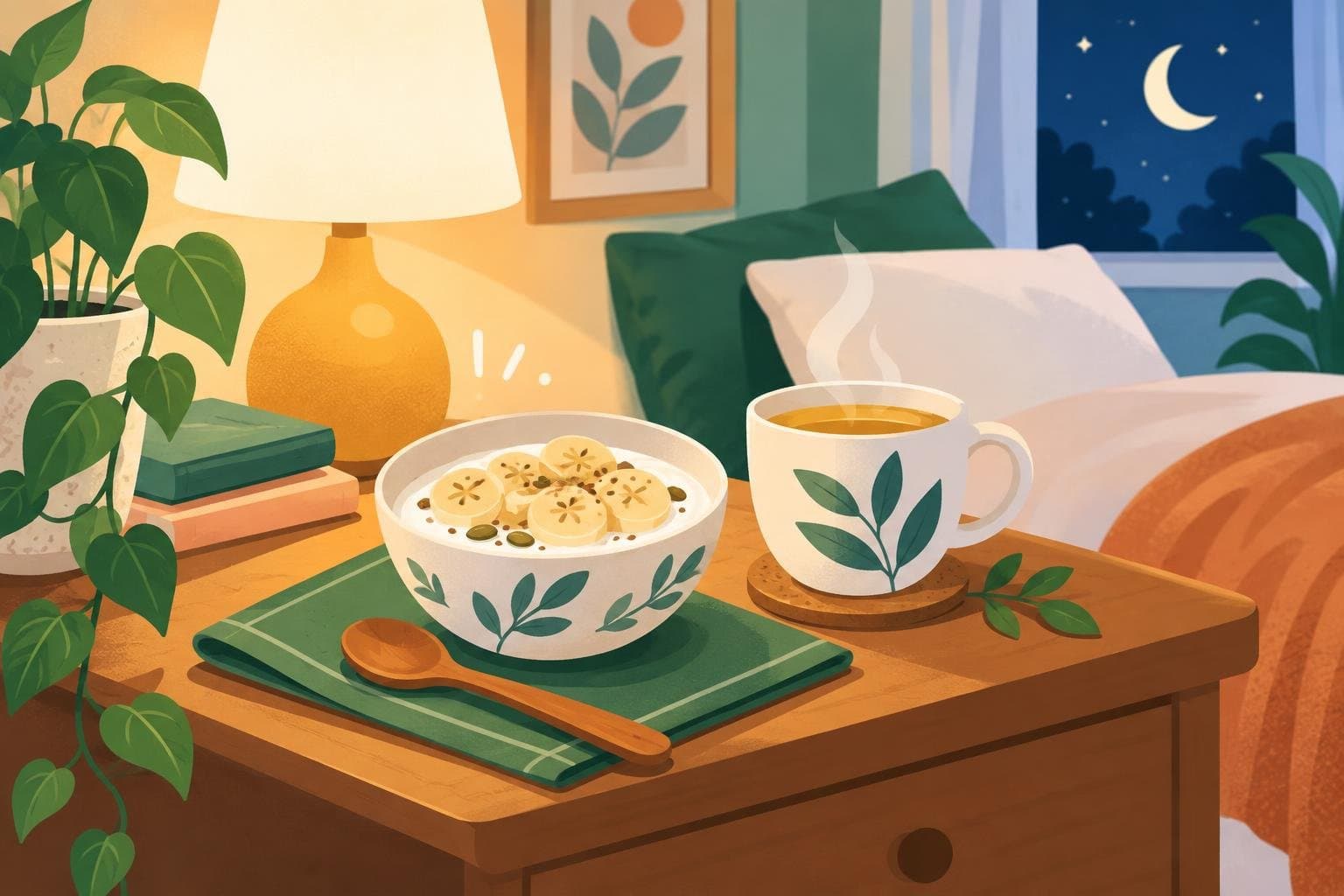 A light evening snack of yoghurt and banana by a bedside lamp