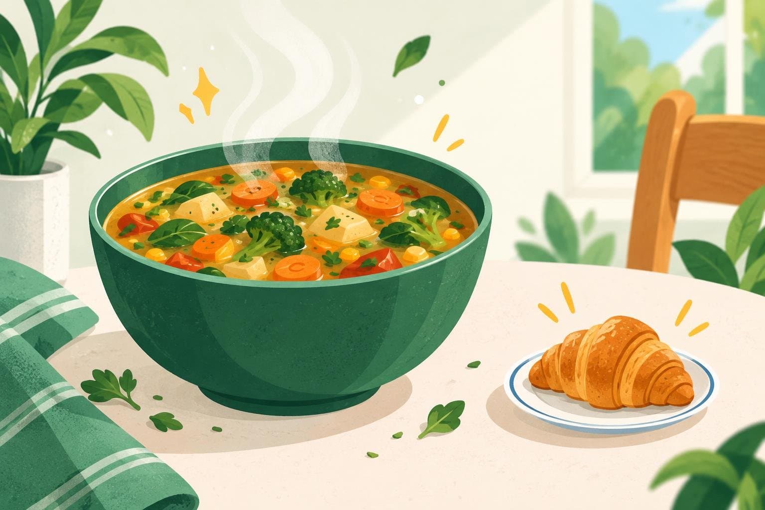 A big bowl of vegetable soup next to a small pastry