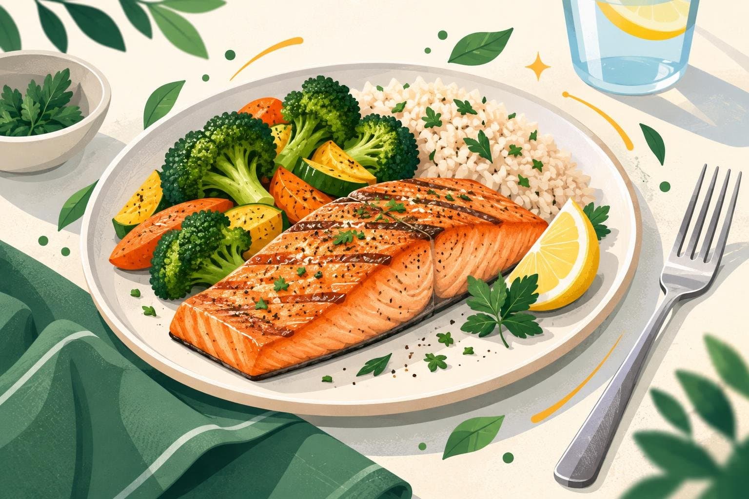A plate with a generous portion of protein in focus