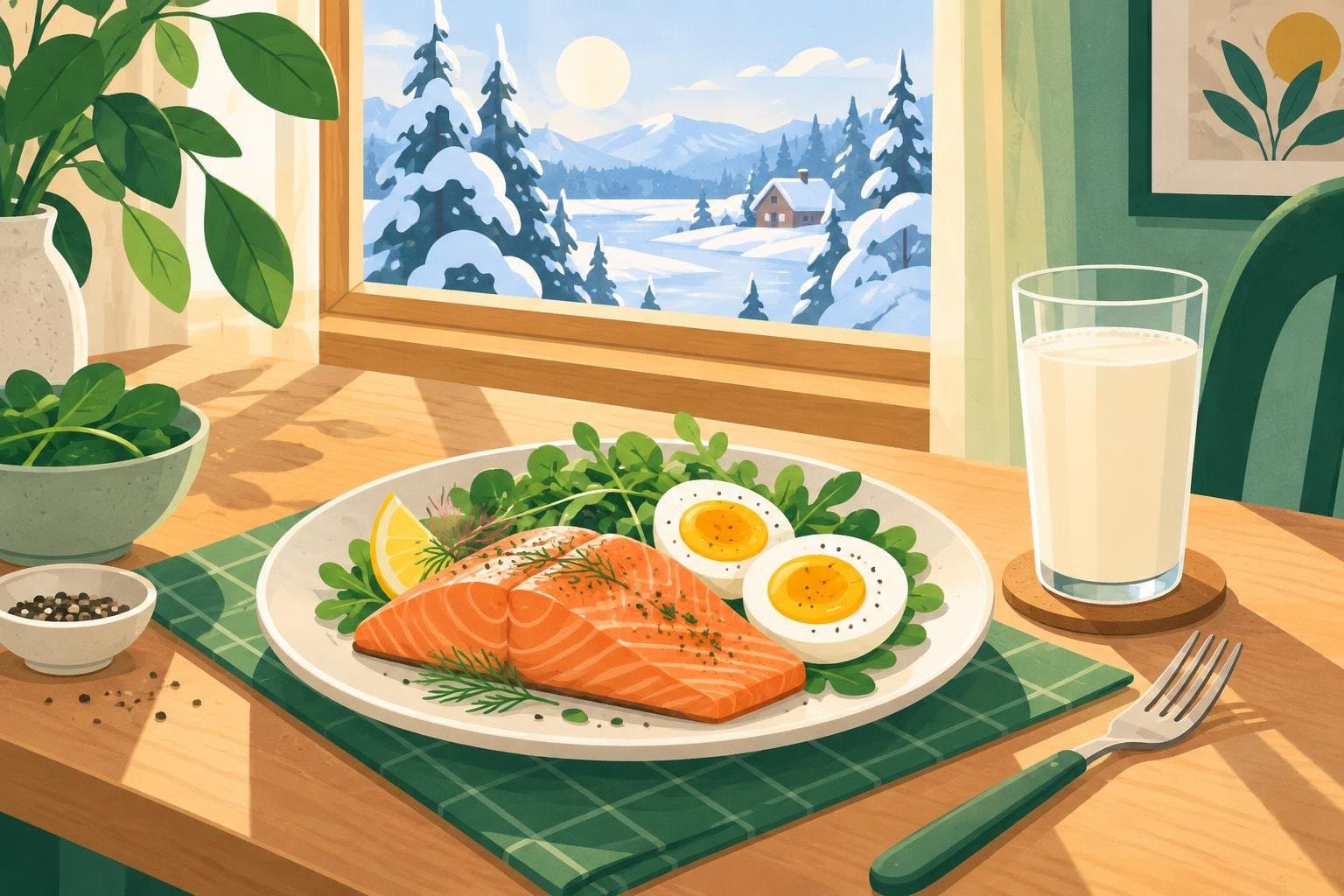 Winter sunlight through a window onto a plate with oily fish and eggs