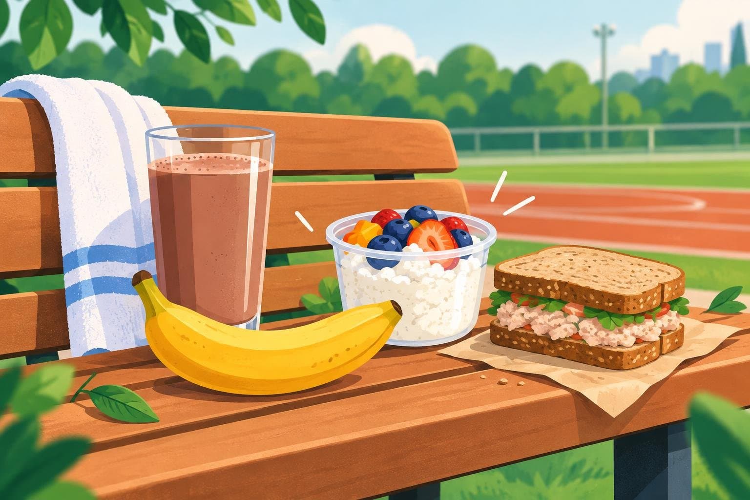 Recovery snacks: chocolate milk, banana, cottage cheese and a sandwich